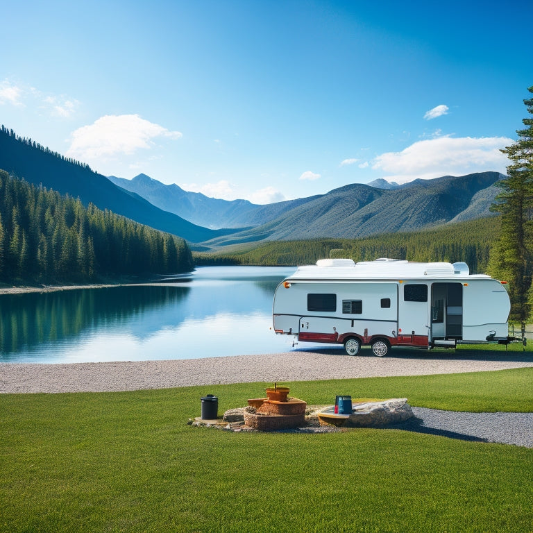 A picturesque RV parked in a scenic campsite under a clear blue sky, showcasing solar panels on the roof, surrounded by lush green trees and mountains, with a serene lake reflecting the vibrant landscape.