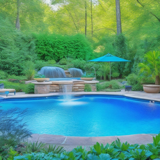 A serene backyard oasis featuring a sparkling blue pool surrounded by lush greenery, with a discreetly placed eco-friendly pool water pump in the corner, emitting a gentle hum.