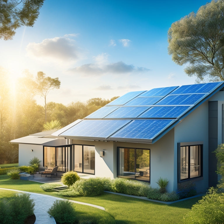 A stylized illustration of a modern home with solar panels on the roof, surrounded by lush greenery, a bright blue sky, and a subtle sunburst in the background, with a faint grid of interconnected energy lines.