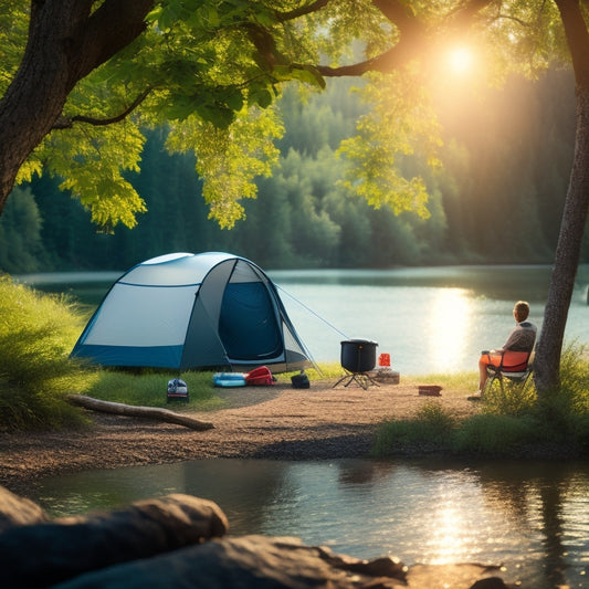 A serene campsite scene featuring a portable solar shower hanging from a tree, sunlight glinting off the water, surrounded by lush greenery, a cozy tent, and a backpack resting nearby.