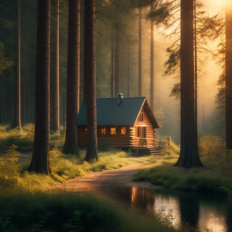 A serene forest landscape with a small, rustic cabin in the distance, surrounded by towering trees, with a subtle mist effect and warm, golden lighting, conveying coziness and tranquility.