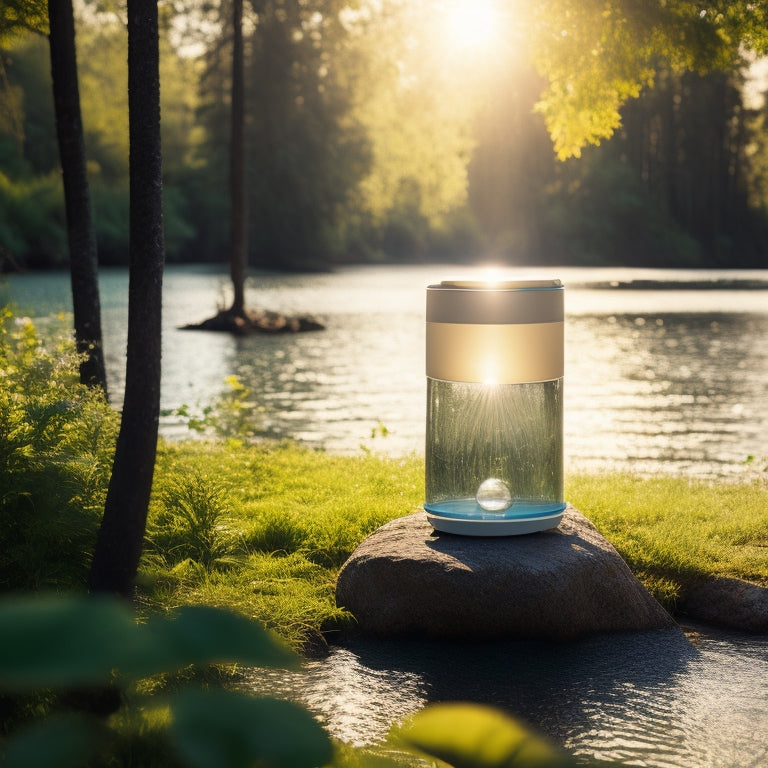 A radiant sun shining over a sleek solar water purifier, showcasing its transparent filtration system surrounded by lush greenery, reflecting sunlight on water droplets, with a serene river in the background.