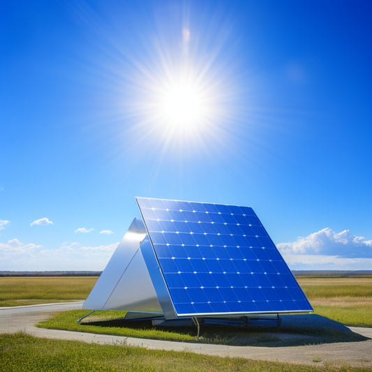 A futuristic, sleek, and compact solar battery power station with shiny metallic surfaces, angular lines, and a large, curved solar panel on top, set against a bright blue sky with fluffy white clouds.