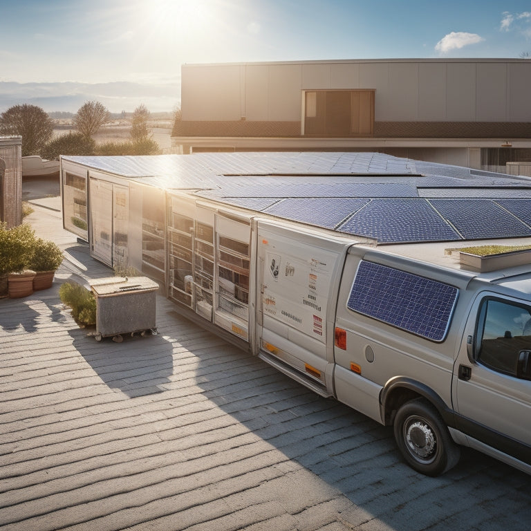A sunny day with a rooftop covered in dusty solar panels, with a few sparkling clean ones in the corner, and a service van with cleaning equipment parked in the driveway.