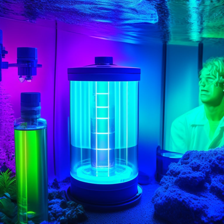 A close-up of a UV water purification system, showcasing glowing ultraviolet light, clear water flowing through, and microscopic images of bacteria and contaminants being neutralized, all set against a serene, clean water backdrop.