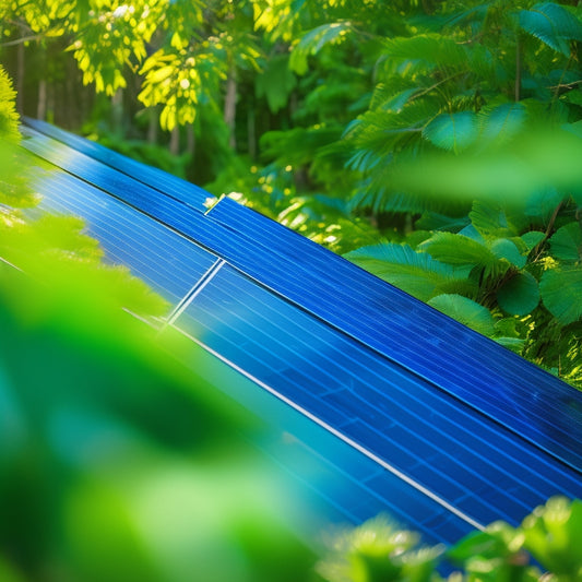 A close-up of sleek, blue-black photovoltaic cells glistening under the sun, surrounded by lush green foliage, with a clear blue sky in the background, emphasizing innovation and sustainability in renewable energy.