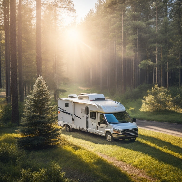 A serene, sun-drenched RV parked amidst a secluded forest, surrounded by lush greenery, with a solar panel array on the roof and a wind turbine spinning in the distance.