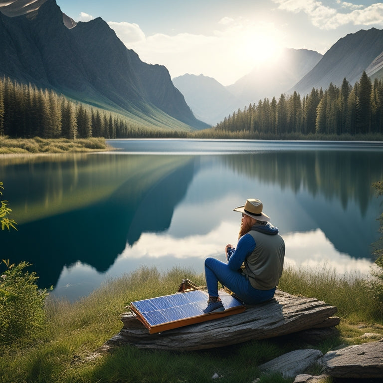A serene outdoor scene featuring a hiker setting up a compact solar panel next to a tranquil lake, surrounded by lush greenery and mountains, with a clear blue sky and sunlight illuminating the solar panel.