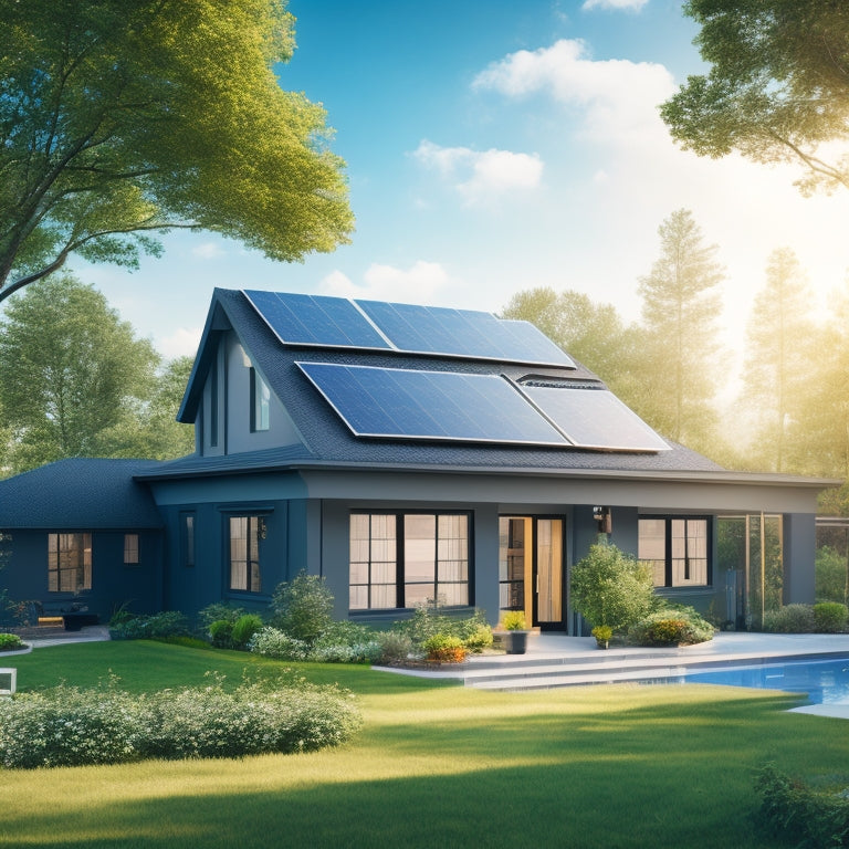 A serene suburban home with a sloping roof, partially covered in sleek black solar panels, surrounded by lush green trees and a bright blue sky with a few puffy white clouds.