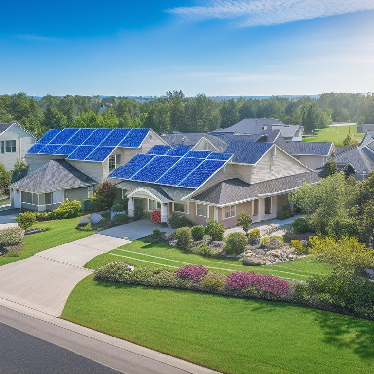 A serene suburban neighborhood with various roof types, showcasing a mix of installed solar panels in different angles, sizes, and quantities, surrounded by lush greenery and a clear blue sky.