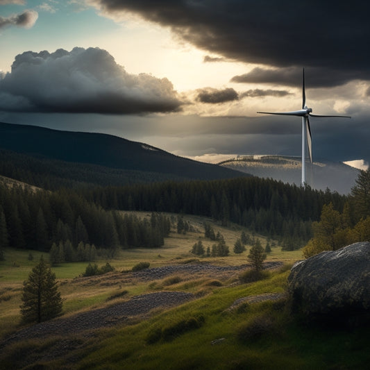 A rugged landscape with a solar panel array, wind turbine, and battery storage, surrounded by dense forest. Show contrasting weather conditions: a stormy sky above and a bright sun breaking through the clouds.