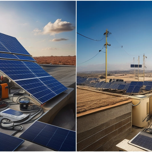 A split-screen illustration: on the left, a rooftop with solar panels and a small, sleek battery storage unit, amidst a sunny background; on the right, a cluttered, darkened room with tangled wires and outdated equipment.