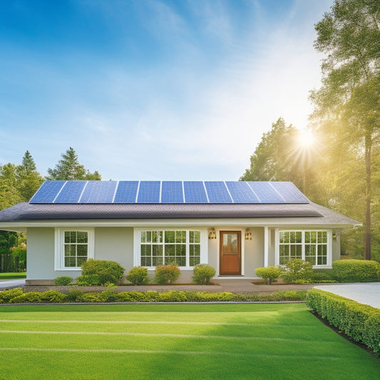 A serene suburban home with spotless solar panels on the roof, surrounded by lush green trees and a bright blue sky with fluffy white clouds, conveying eco-friendliness and energy efficiency.