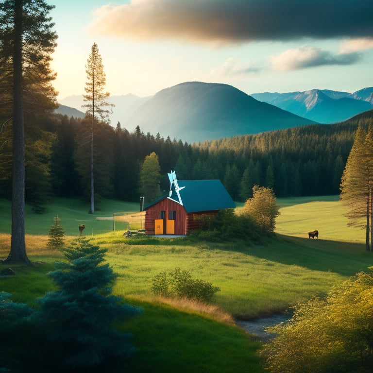 A serene landscape with a remote cabin surrounded by lush greenery, featuring a small wind turbine and solar panels on the roof, connected to a battery storage system in the foreground.