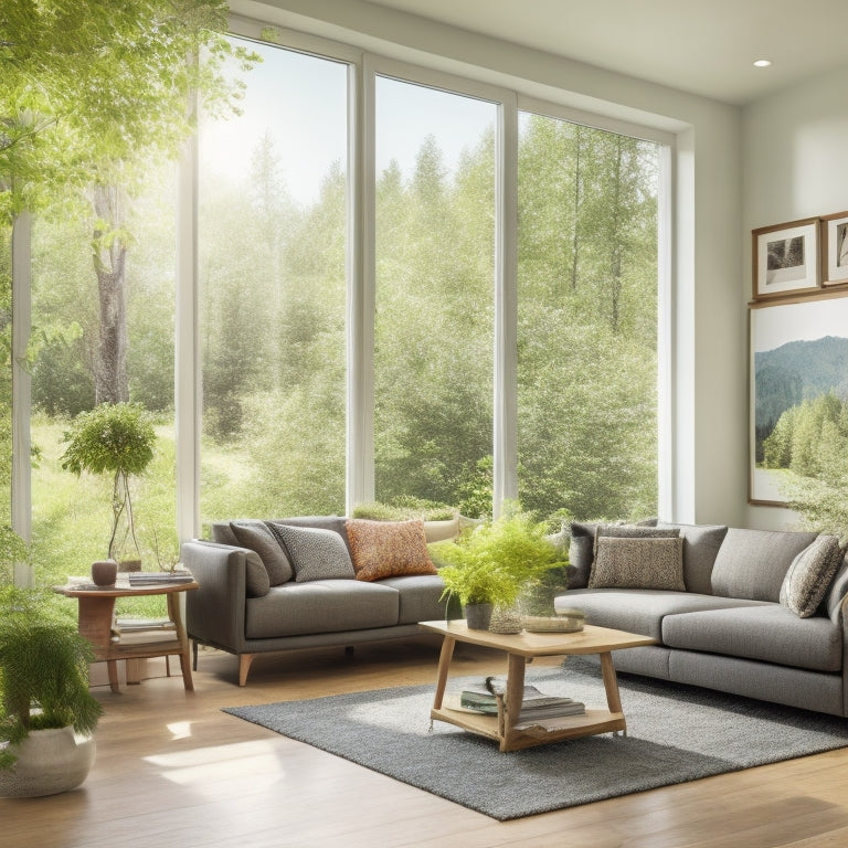 A serene living room with a large window, solar panels on the roof, a smart thermostat on the wall, and a compact energy-efficient HVAC system in the corner, surrounded by lush greenery.