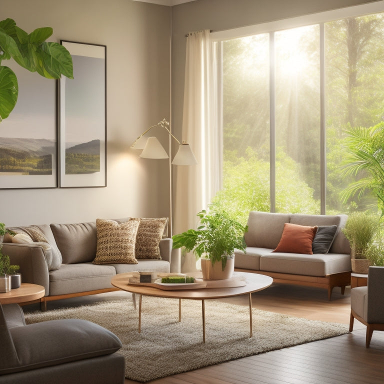 A serene, modern living room with a smart thermostat, energy-efficient lamps, and a few subtly glowing appliance indicators, surrounded by lush greenery and natural light pouring in through large windows.