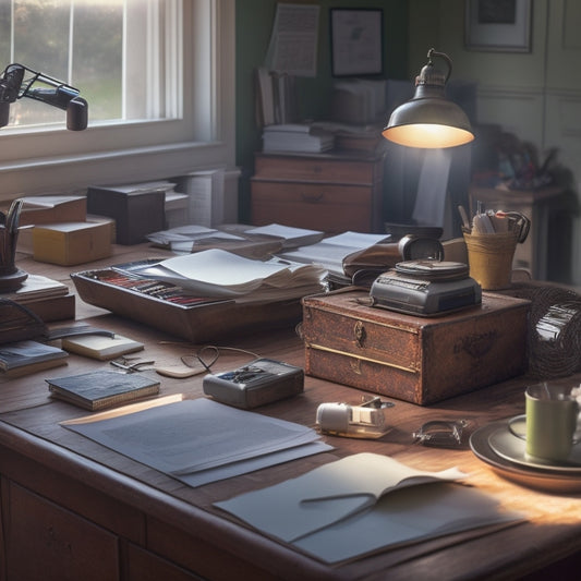 A cluttered home office with papers and files scattered everywhere, suddenly illuminated by a portable sunlamp placed on a messy desk, casting a warm glow on the chaotic workspace.