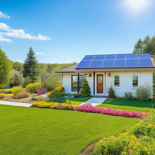 A sunny backyard showcasing a modern home with solar panel kits installed on the roof, surrounded by lush green grass, blooming flowers, and a bright blue sky, emphasizing energy savings and eco-friendliness.