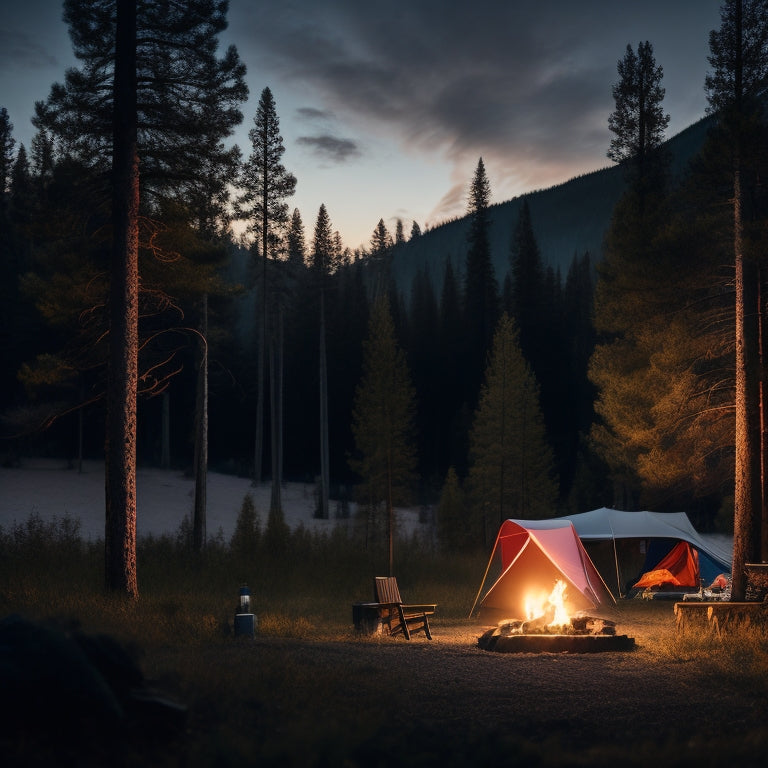 A serene campsite at dusk, showcasing a sleek portable power station beside a cozy tent, surrounded by pine trees, a crackling campfire, and glowing lanterns, with starry skies above and mountains in the distance.