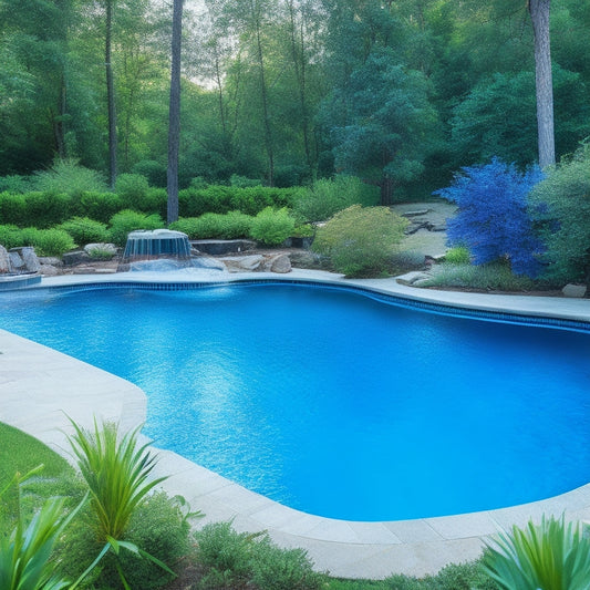 A serene backyard oasis featuring a sparkling blue pool surrounded by lush greenery, with a sleek, modern pool pump and filter system discreetly tucked away in the corner.