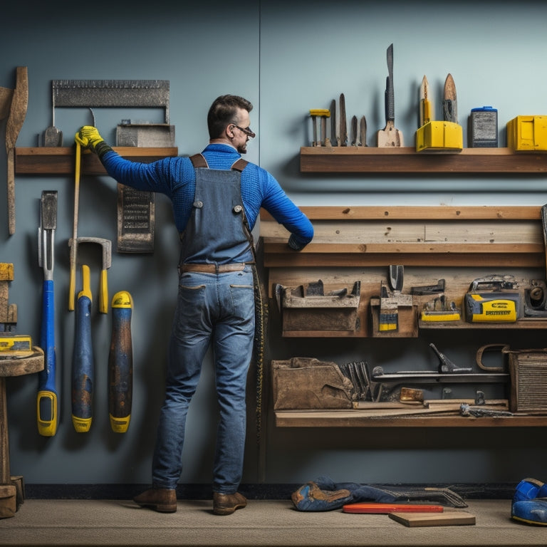 A person wearing gloves and a tool belt, standing in front of a wall with a level and a panel, surrounded by various DIY tools and materials, with a faint outline of a finished panel installation in the background.