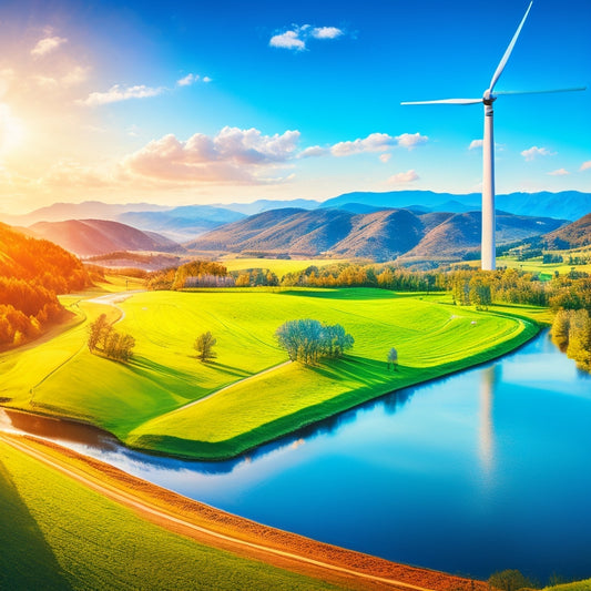 A vibrant landscape featuring wind turbines on rolling hills, solar panels glistening under a bright sun, and a clear blue sky, with lush green trees and a flowing river symbolizing harmony between nature and renewable energy.