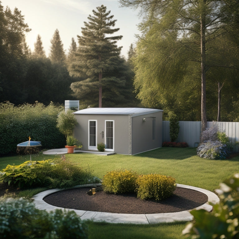 A serene backyard with a small, sleek solar panel array on the roof, a compact wind turbine in the distance, and a tiny, modern battery storage unit nestled among lush greenery.