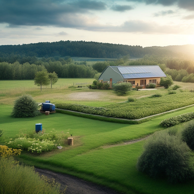 A serene rural landscape with a self-sufficient home in the distance, featuring a rooftop solar array, wind turbine, and rainwater harvesting system, surrounded by lush greenery and a garden.