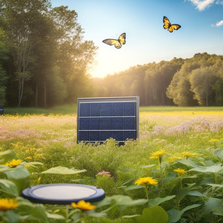 A serene landscape with a solar panel array in the background, a battery bank in the foreground, and a subtle, glowing lifeline connecting the two, surrounded by lush greenery and a few butterflies.