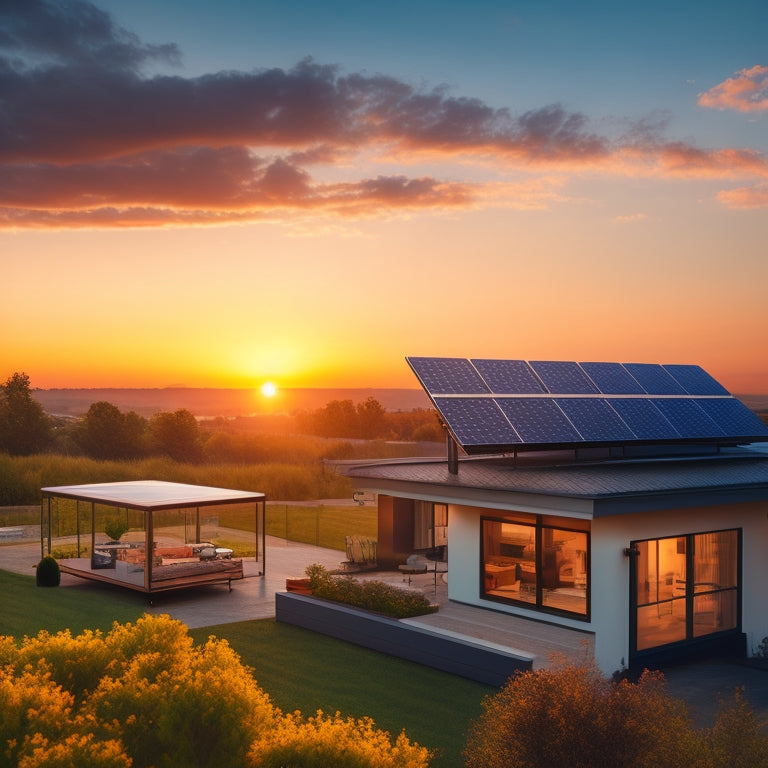 A serene, sun-kissed landscape with sleek, modern solar panels on a rooftop, connected to a compact, high-tech battery storage unit with glowing LED lights and copper wiring.