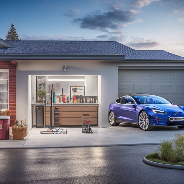 A modern, sleek, and well-lit residential garage with a Tesla Powerwall mounted on a wall, connected to a solar panel system on the roof, surrounded by tools and a workbench.