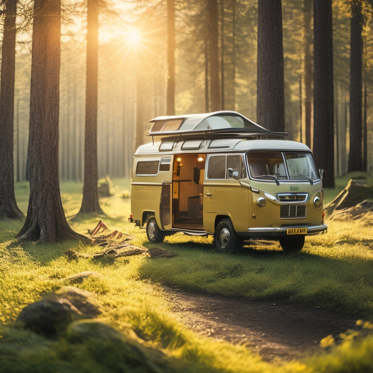 A serene landscape depicting a camper van parked amidst a lush forest, with a solar panel mounted on the roof, and a few hiking backpacks and camping gear scattered around, under a bright sunny sky.
