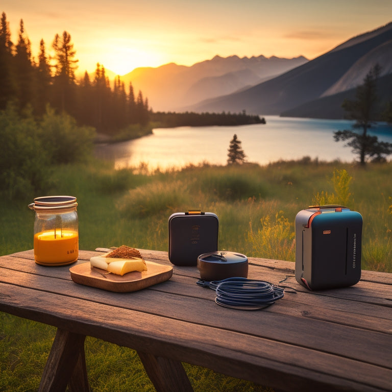 A scenic travel backdrop with a variety of sleek power bank chargers displayed on a wooden picnic table, surrounded by camping gear, a vibrant sunset, and a winding trail in the distance.