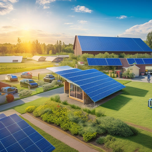 A vibrant microgrid scene showcasing solar panels on rooftops, wind turbines in the background, an electric vehicle charging station, and a community garden, all interconnected with smart grid technology and energy storage solutions.