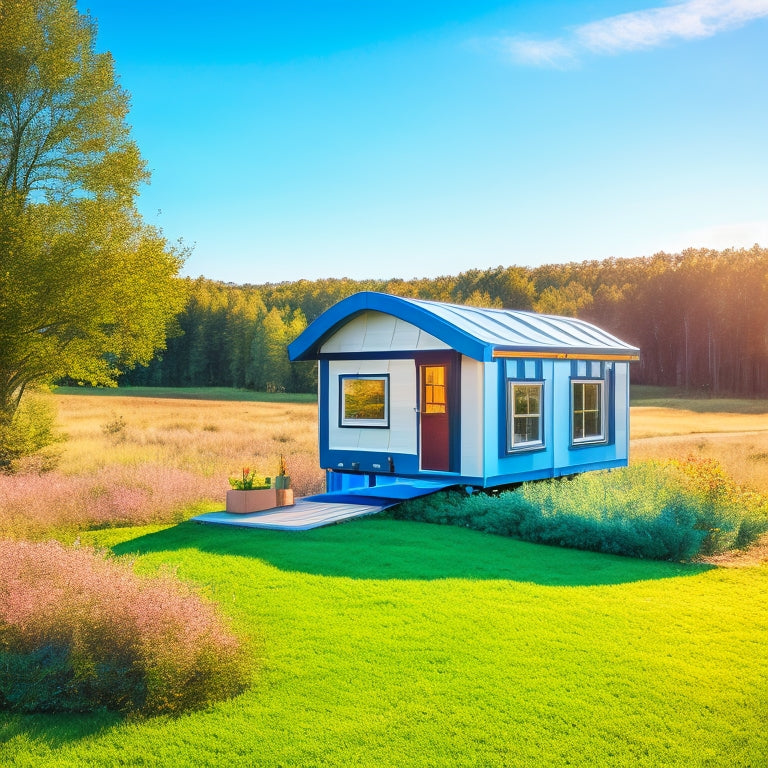 A serene, modern, eco-friendly tiny home surrounded by lush greenery, with a roof-mounted solar panel array, a compact wind turbine, and a discreet propane tank, set against a bright blue sky.