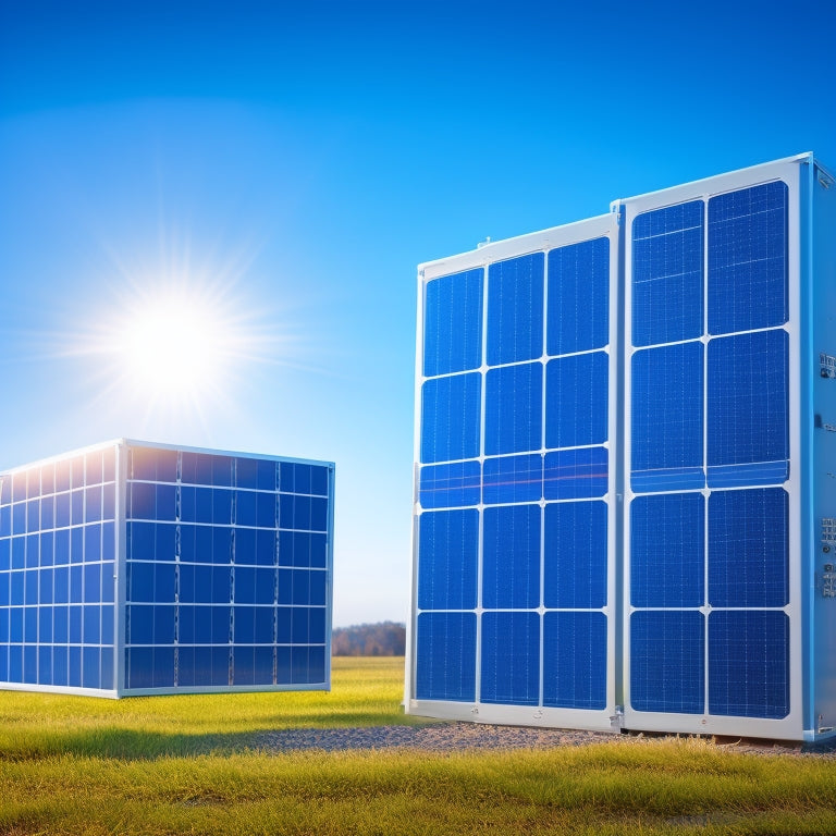 A futuristic illustration of a sleek, silver solar panel array connected to a modern, compact energy storage unit with glowing blue circuits and wires, set against a bright, sunny background.