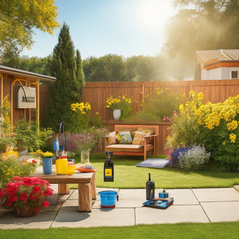 A sunny backyard with a clean solar panel array, a hose coiled nearby, and a toolbox open with a soft brush and cleaning solution bottles, surrounded by lush greenery and blooming flowers.
