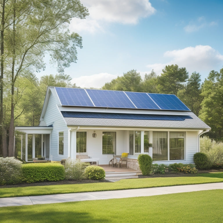 A serene suburban home with a small, sleek power system unit discreetly installed on the side, surrounded by lush greenery and a few solar panels on the roof, with a bright blue sky.