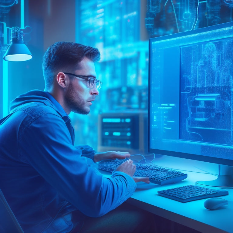 A futuristic illustration of a person sitting in front of a computer, surrounded by gears, circuits, and wires, with a glowing blue network of connections emanating from the screen.