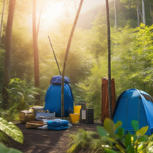 A vibrant forest scene showcasing sustainable outdoor products: bamboo hiking poles, recycled fabric tents, and biodegradable backpacks, surrounded by lush greenery, sunlight filtering through leaves, and a clear blue sky above.