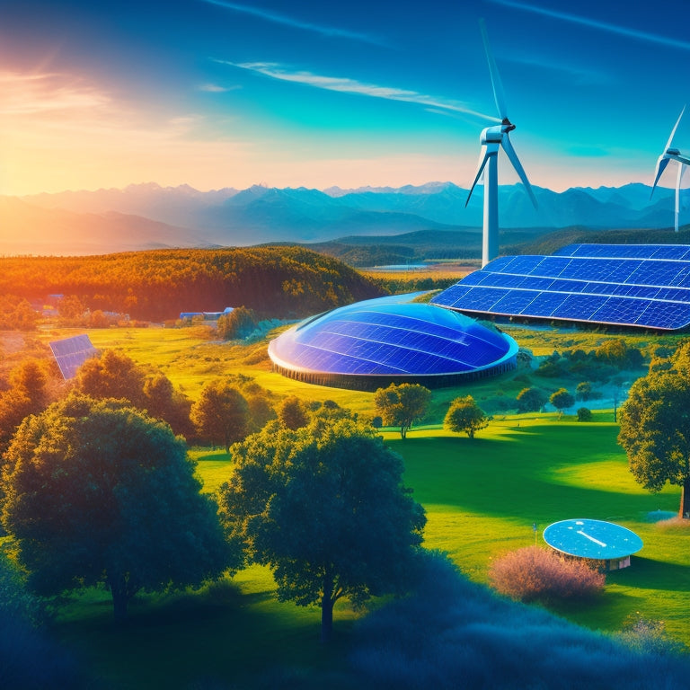 A futuristic landscape with solar panels, wind turbines, and hydroelectric generators, connected by glowing blue circuits, surrounded by lush greenery and a bright blue sky.