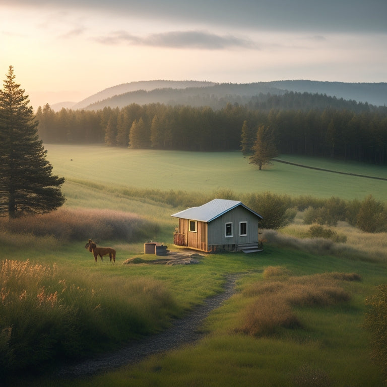 A serene, off-grid homestead at dawn, with a small, rustic cabin surrounded by lush greenery, featuring a wind turbine, solar panels, and a battery bank, amidst a tranquil, misty landscape.