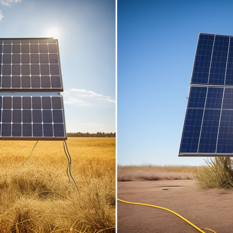 A split-screen image: a dirty, shaded solar panel with tangled wires and a few broken panels, contrasted with a clean, angled panel with sleek wires and a bright, sunny background.