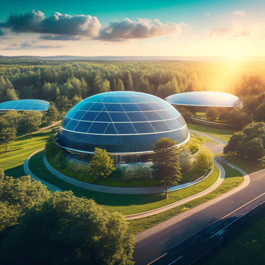 A futuristic landscape featuring sleek solar panels integrated into urban architecture, vibrant green parks, and advanced batteries glowing softly, surrounded by trees and clean energy vehicles, all under a bright blue sky with fluffy clouds.