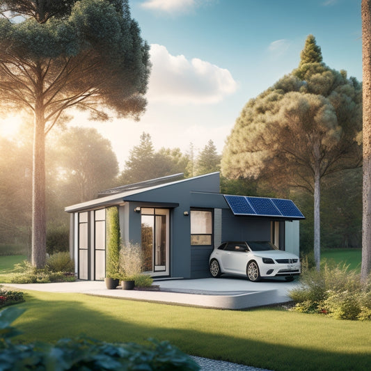 A serene, modern home surrounded by lush greenery, with solar panels on the roof, a wind turbine in the backyard, and a sleek, electric vehicle charging station in the driveway.