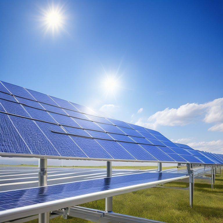 A photorealistic illustration of a solar panel array with adjustable mounting brackets, highlighting the intricate mechanical details and subtle shadows, set against a clear blue sky with a few wispy clouds.