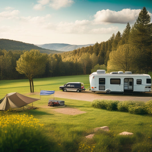 A serene landscape of a parked RV surrounded by lush greenery, with solar panels on the roof, a wind turbine spinning in the distance, and a battery bank visible through an open compartment door.