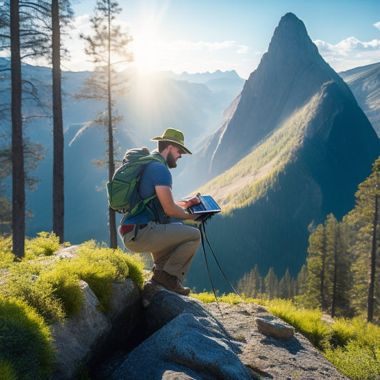 A serene outdoor scene featuring a hiker using a portable solar charger atop a rocky mountain, with vibrant green trees below, a clear blue sky above, and sunlight reflecting off the charger's solar panels.