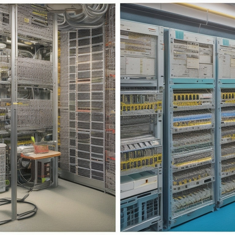 A split-screen image featuring a messy, cluttered server room on the left with tangled cables and unorganized panels, and a neat, organized room on the right with rows of branded panel mounts from top manufacturers.