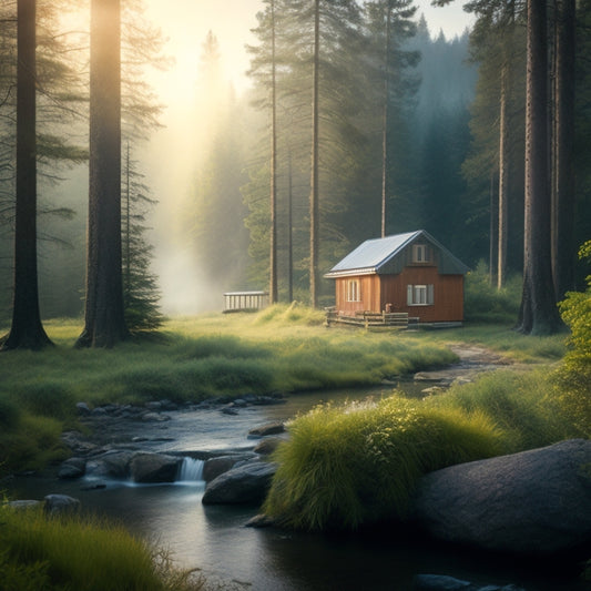 A serene, misty morning scene: a secluded off-grid cabin surrounded by towering evergreen trees, solar panels on the roof, a wind turbine in the distance, and a babbling brook in the foreground.